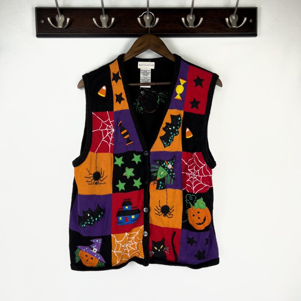 White Stag Halloween Cat Witch Knit Ugly Sweater Vest Multi Granny XL